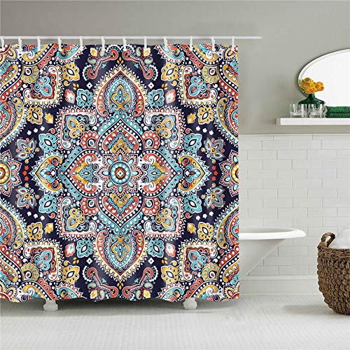 NUEV Mandala Fleur Géométrique Lune et Soleil Rideau De Douche, Salle De Bains Imperméable Polyester Rideau De Douche avec Crochet S.23 90x180cm