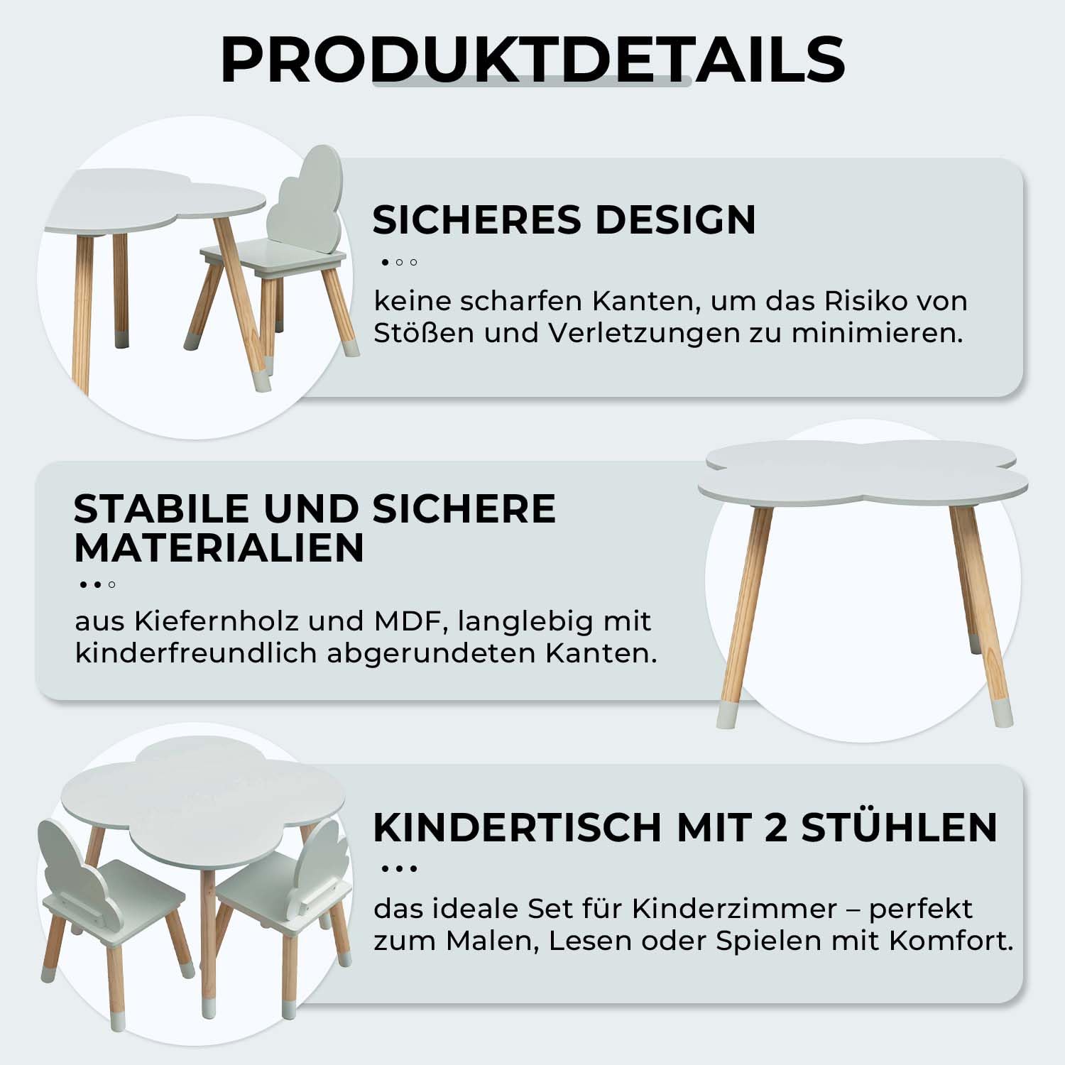 Rebecca Mobili Kinder-Tisch und 2 Stühle Set, Grün Braun, MDF Kiefer, für Kinderzimmer, Spielzimmer - Abmessungen: 44 x 60 x 60 cm / 50 x 25 x 25 cm - Art. RE6900