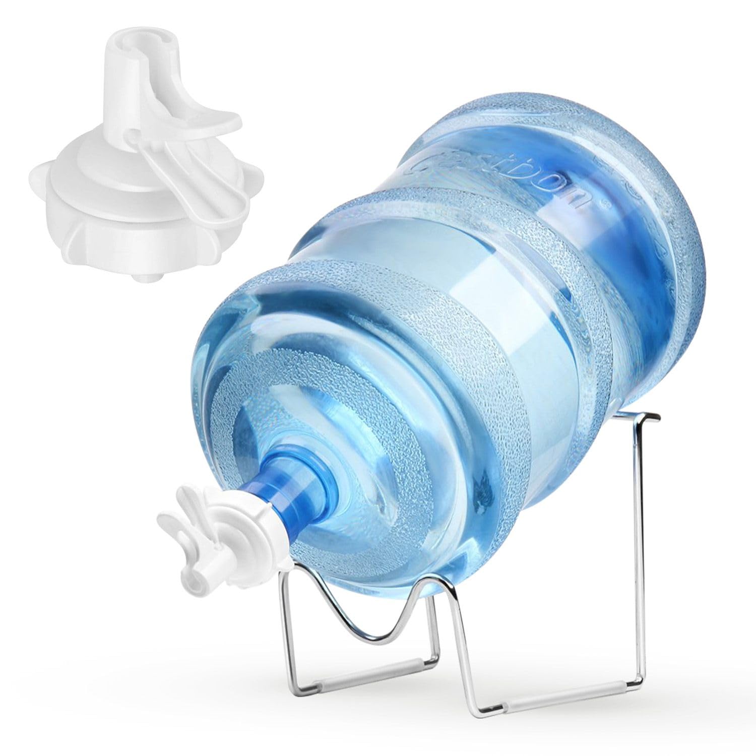 Flexzion Support pour distributeur d'eau de 8 à 15 litres - Support en métal plaqué avec valve de distributeur d'eau, bouchon anti-poussière et bâton en bois pour bouteilles d'eau de 55 mm, comptoir