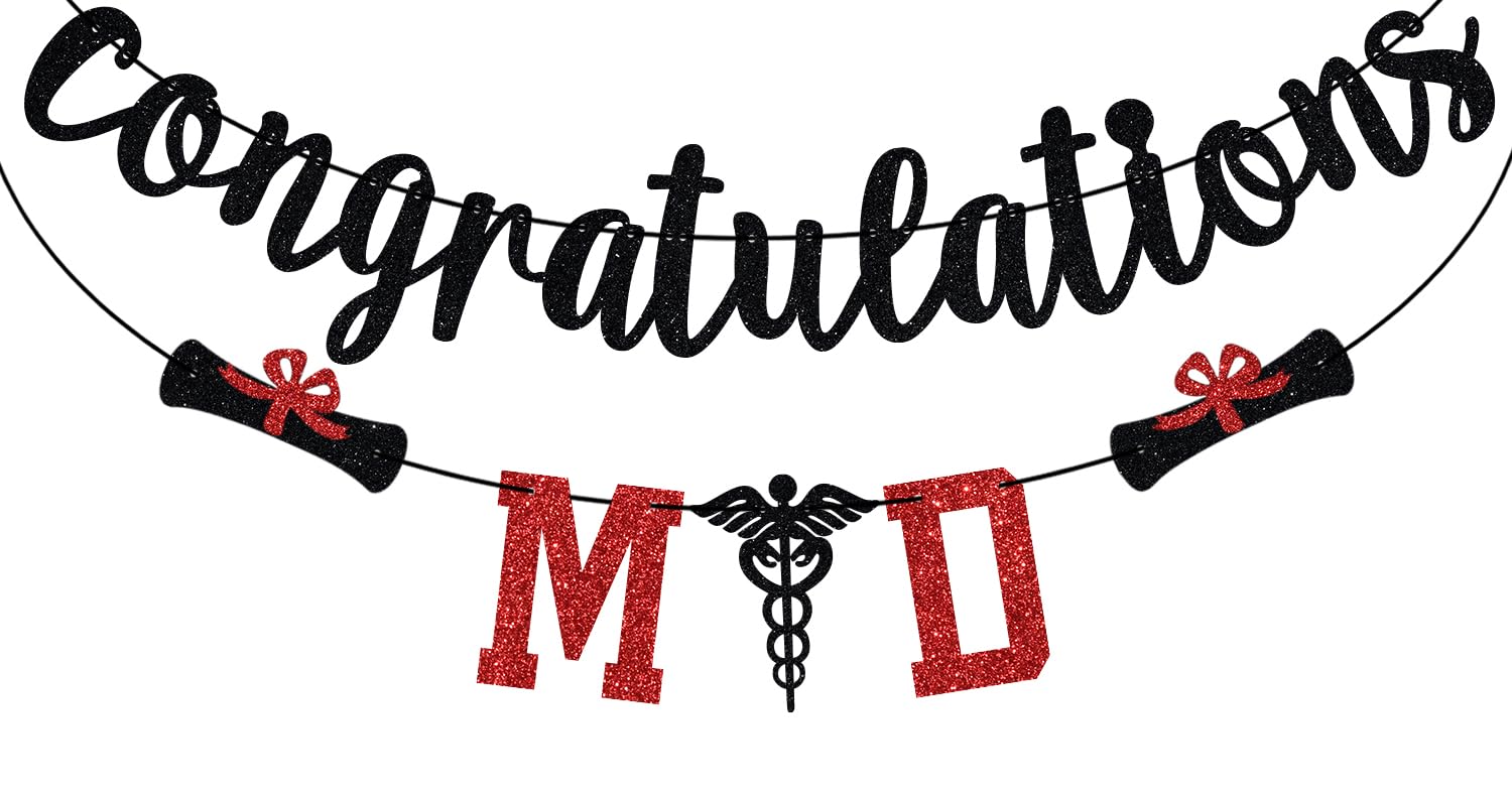 Red Glitter Congratulations MD Banner, Congrats MD/MD Class of 2026, 2026 MD Graduation Party Decorations Supplies