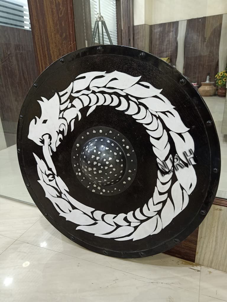 Nautical Replica Hub Viking Wooden Dragon Armor Round Shield Warrior Protector Role Play Shield (24 INCH, Black & White)