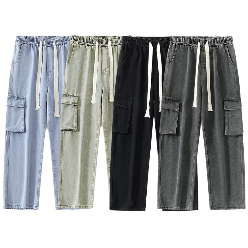 Men's Denim Pants Drawstring Waist Jeans Multi-Pocket Trousers2