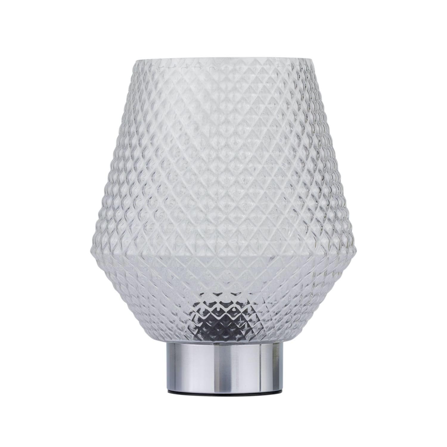 Firstchoicelighting Chrome & Clear Battery Operated Table Lamp Or Bedside Light, Chrome With Clear Textured Glass, 2W S14 Bulb Included, 20Cm Height