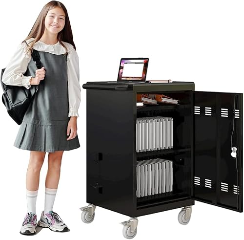 30 Device Mobile Charging Laptop & Tablet Storage Carts for Chromebooks and Computers Up to 17 inch Screen, Lockable Mobile Charging Cart Station for School, Office, Black