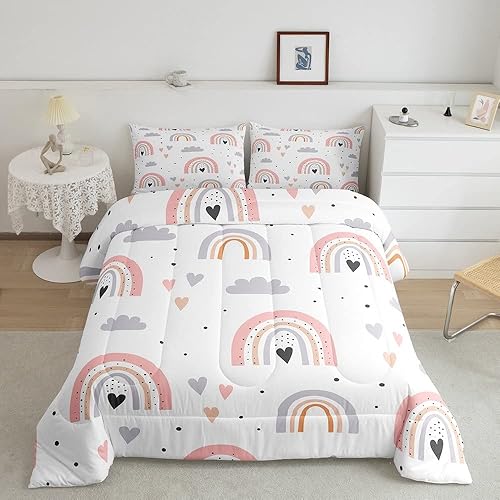Juego de ropa de cama tamaño Queen con diseño de arco iris para niñas, juego de edredón Kawaii de nube de 3 piezas con 2 fundas de almohada, edredón