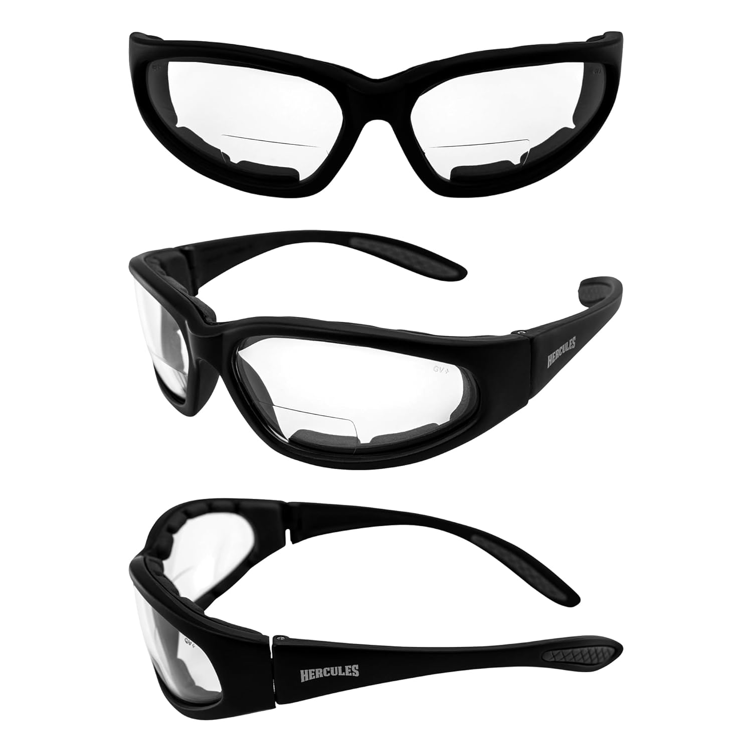 Global Vision Hercules Bifocal Motorcycle Safety Glasses Sunglasses 3 Pairs Padded Black Frames Clear Smoke & Yellow Lenses +2.5 Magnification Z87.1