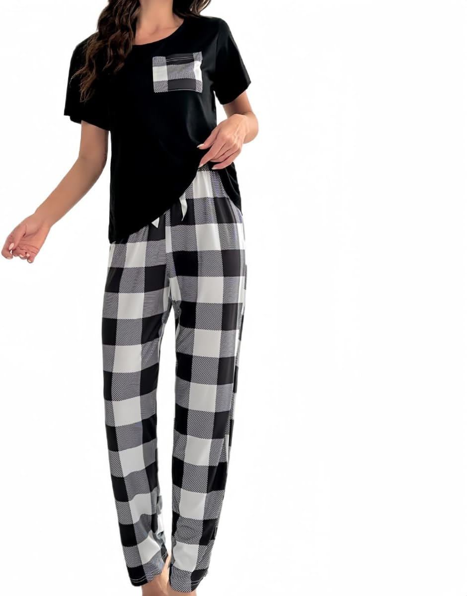 Women's Pyjama Set Round Neck Short Sleeve Tops and Long Pants Soft Sleepwear Loungewear Summer Pjs Set Casual Nightwear for Ladies