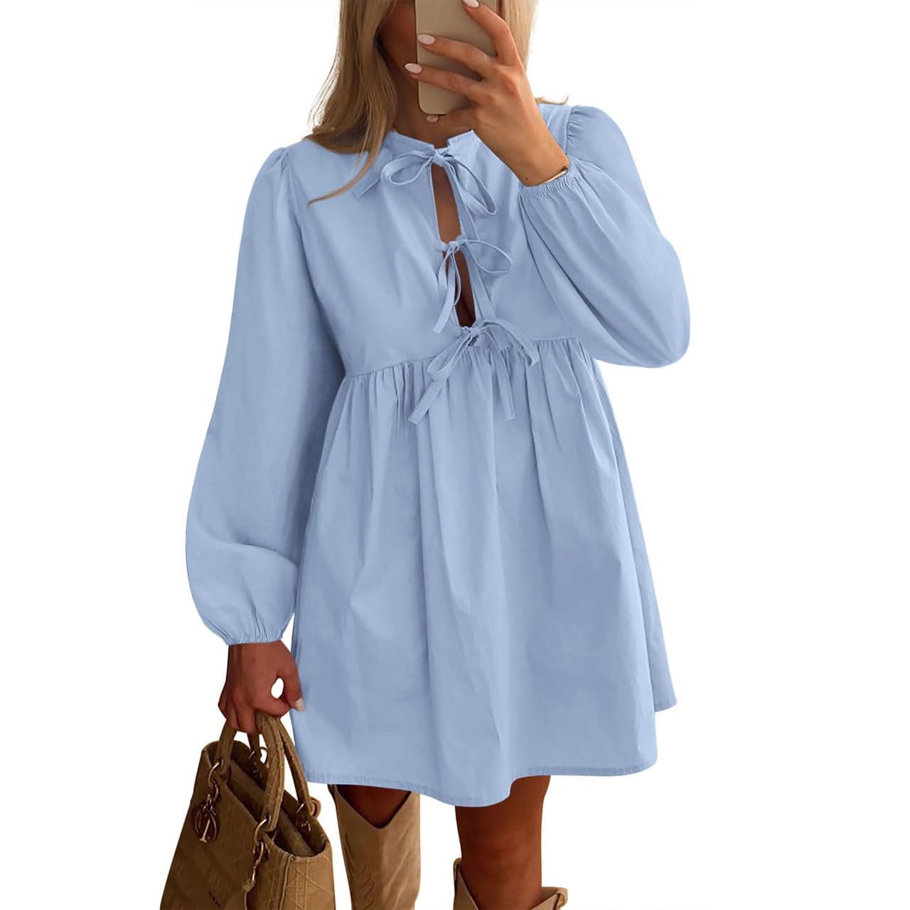 Mini Abito da Donna con Peplo e Fiocco a Maniche,Abiti Autunnali da Donna,Abito Corto con Volant a Trapezio, Grazioso Abito Tunica svolazzante, Grazioso Mini Abito Tunica (XL,Light Blue)
