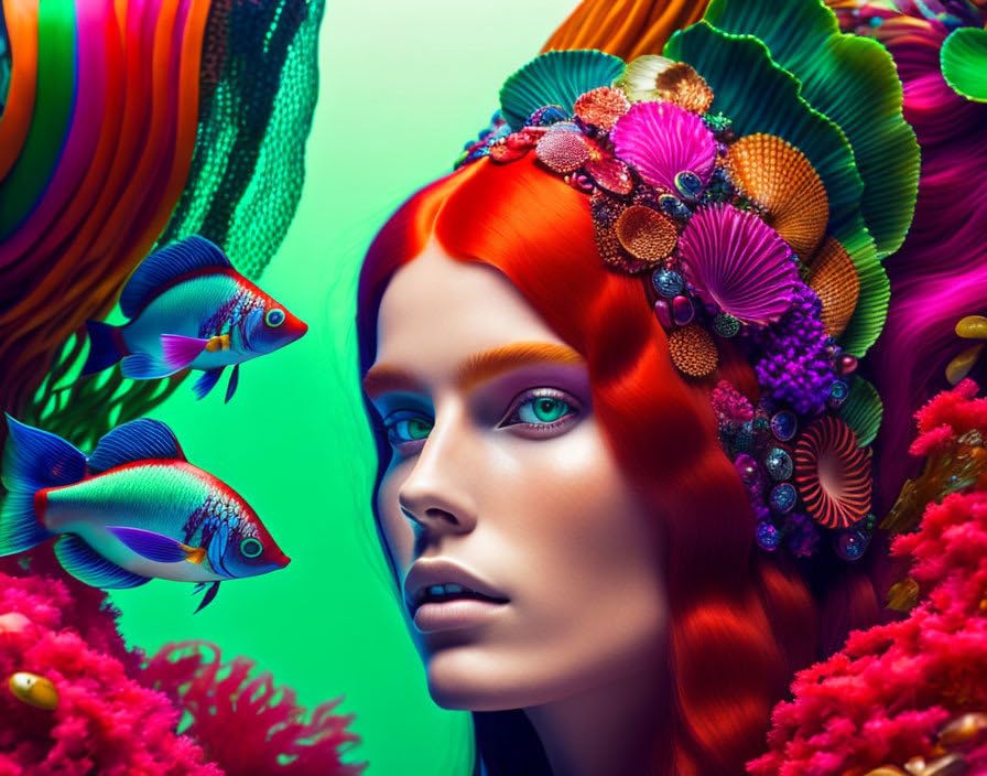 Poster sur toile fille mannequin cheveux roux déco murale aquarium coloré 58x90