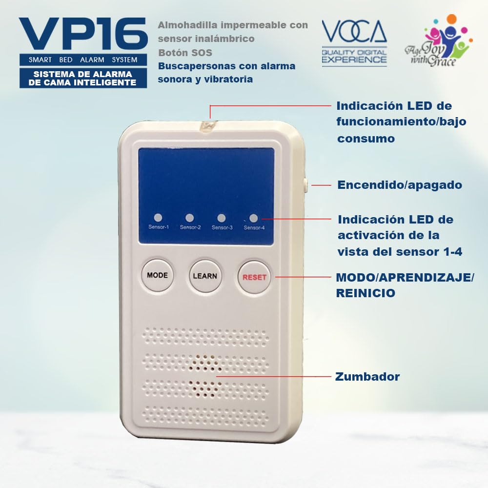 Sistema de alarma de cama inteligente VOCA Early Alert para adultos mayores: sensor inalámbrico y buscapersonas, alarmas de cama de prealerta, prevención de caídas, demencia