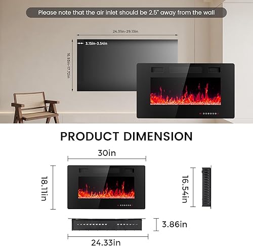 Miniatura 2 de Chimenea eléctrica de 30 pulgadas para empotrar y colocar en la pared, chimenea eléctrica con control remoto, calentador de chimenea, chimenea