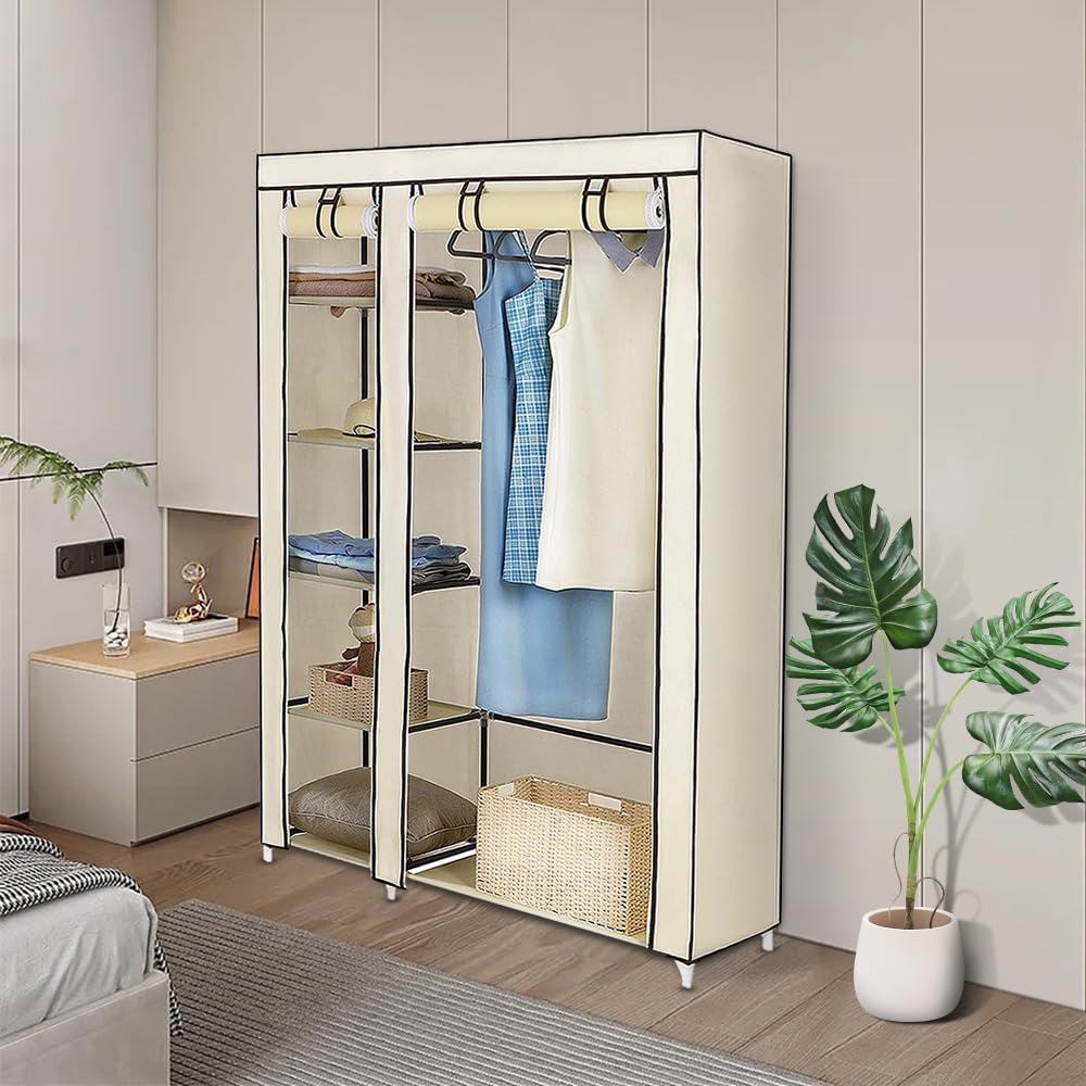 Supfine Armario de almacenamiento con barra de ropa y estantes, armario de tela para dormitorio portátil (beige, 110 x 45 x 175 cm)