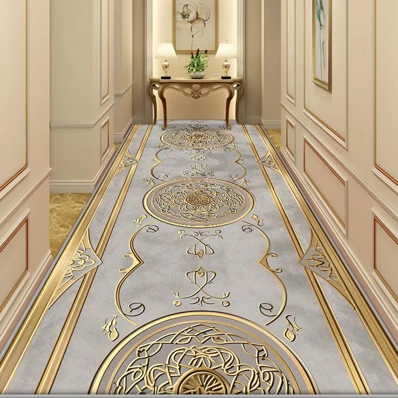 Alfombra de pasillo dorada estilo europeo de lujo antideslizante para vestíbulo