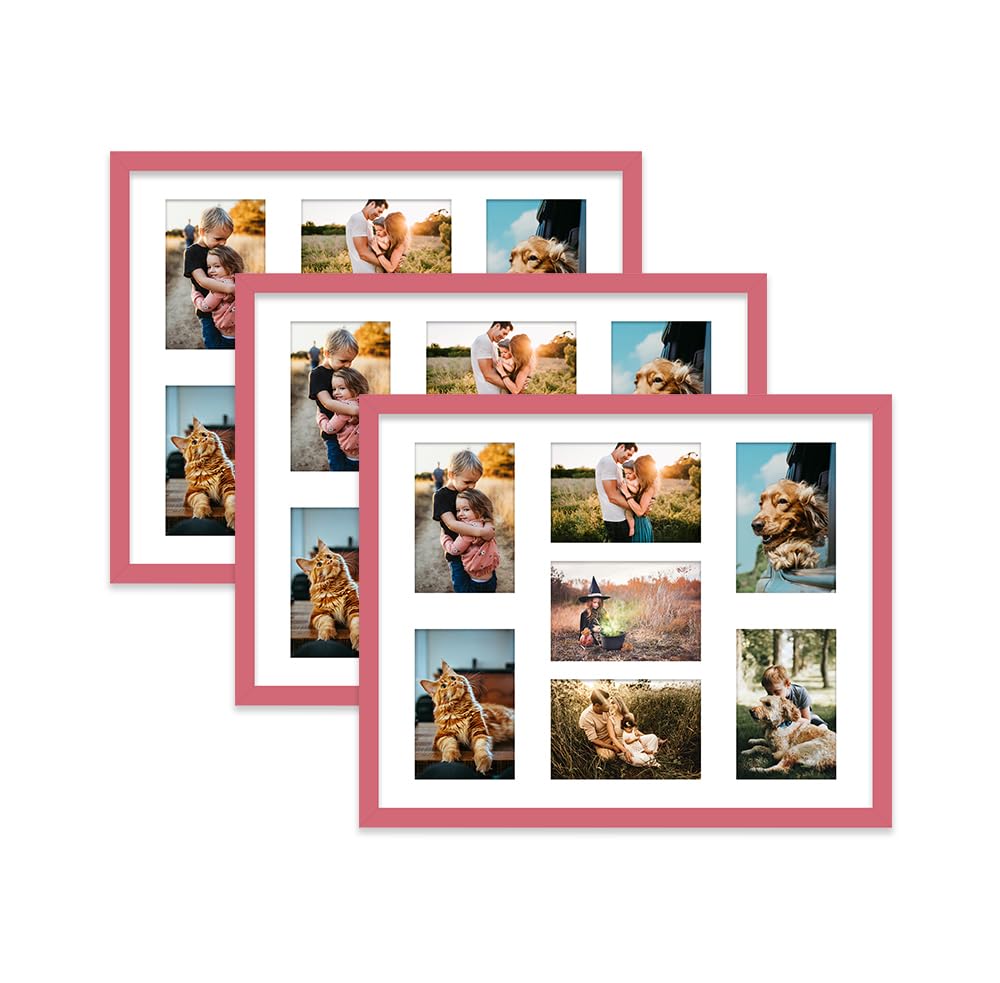 Pink Multi Photo Frame - Holds 7 x 6x4 Pictures, Family Collage Picture Frame for Wall Display, 20x16 Frame size, Set of 3