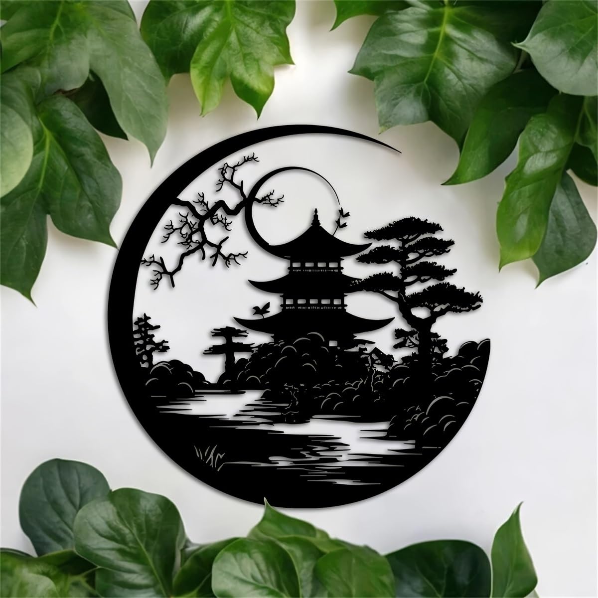 Decoración de pared abstracta contemporánea de metal, arte Art Déco, puerta Torii, 40 x 40 cm, pagoda japonesa y escena de la naturaleza, escultura de hierro, para interiores y exteriores, elegan