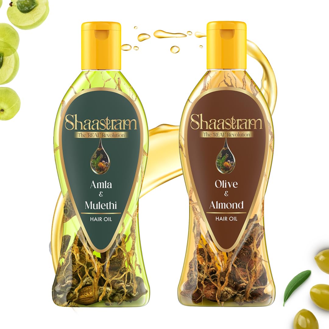 Shaastram Amla Mulethi and Olive Almond Herbal Hair Oil Combo with Brahmi, Ashwagandha, Tulsi Oils Extract & Real Ayurvedic Herbs | Natural Hair Growth and Nourishment for Men Women (180ml, Set of 2)