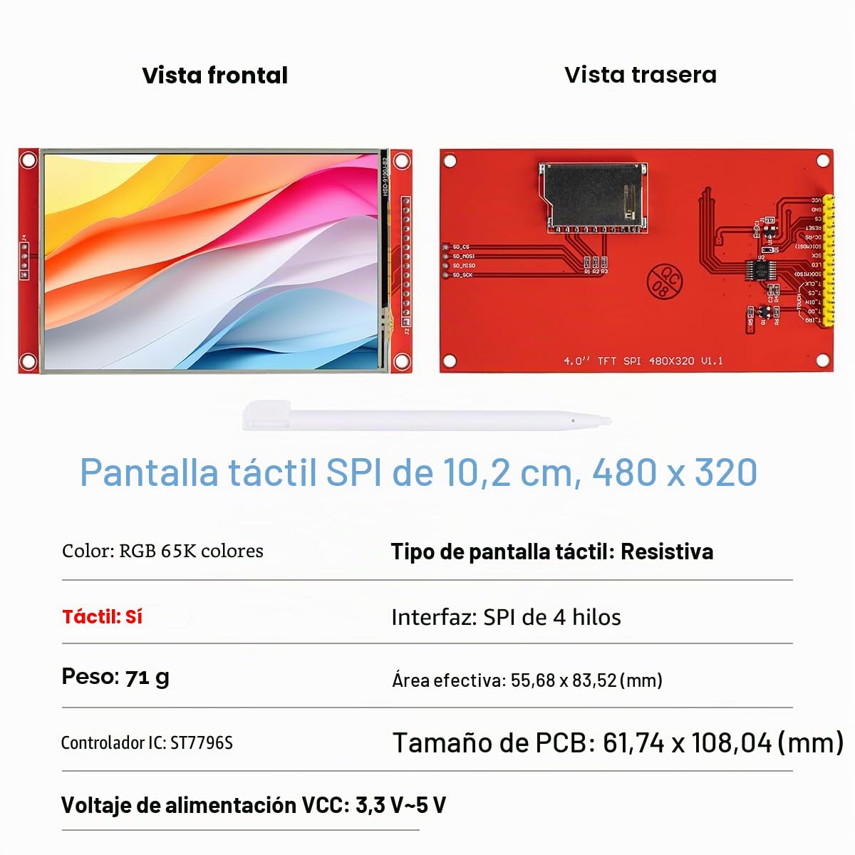 LAFVIN Módulo de pantalla táctil TFT LCD de 4,0 pulgadas, 480 x 320 SPI, serie ST7796S con lápiz táctil, compatible con Arduino