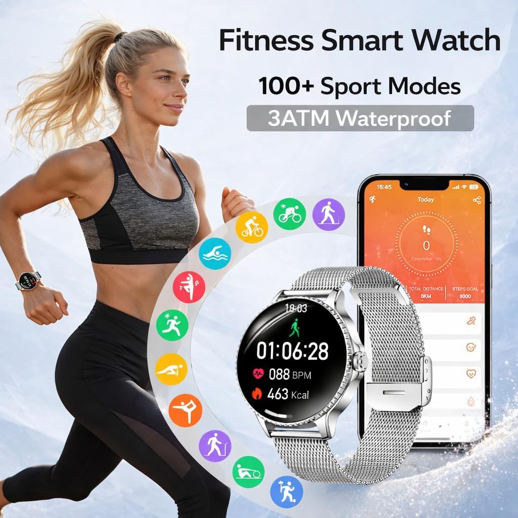 Efolen Smart Watches for Women Answer/Make Call,1.27'' Smartwatch Fitness Tracker for Heart Rate/Sleep Monitor/Calories/Blood Oxygen,100+ Sports Modes Android iPhone,IP68 Waterproof,Silver