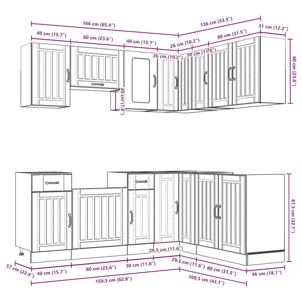 Set di 11 mobili da cucina Lucca in legno grigio cemento, mobili da cucina modulari con armadio ad angolo, pensili e pensili per molto spazio in cucina