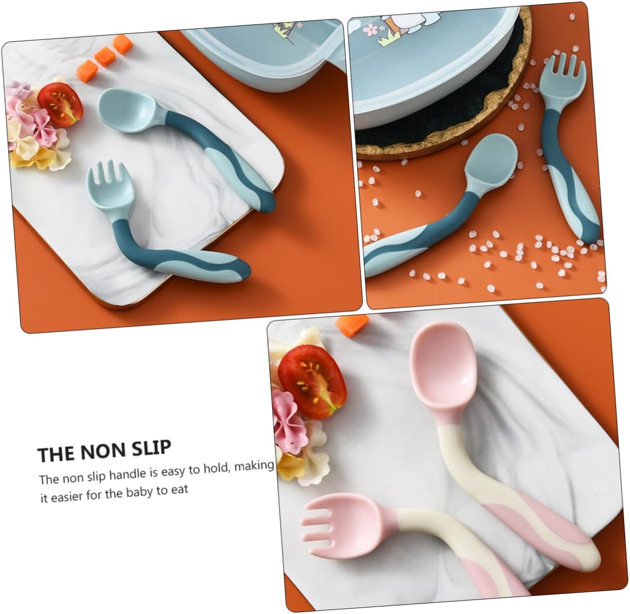 Abaodam 2 Sets Flexible Silicone Spoons and Forks Training Utensils with Non-slip Handles Bendable Soft Feeding Cutlery for Self-feeding Pink and Blue