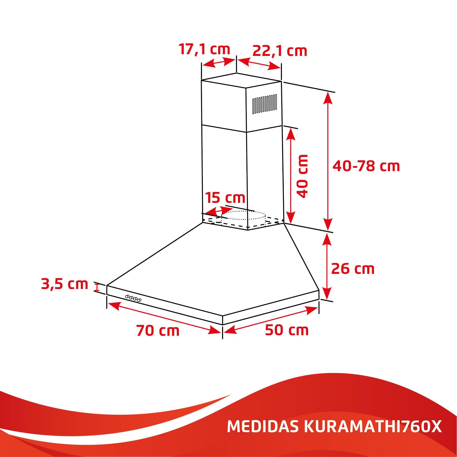 Corberó - Ozdobny dzwonek piramidowy Inox | 70 cm | KURAMATHI760X | Przepływ 621,71 m3/h | 165W | 3 prędkości | 2 filtry aluminiowe | Filtr węglowy | Efektywność energetyczna A, stal nierdzewna