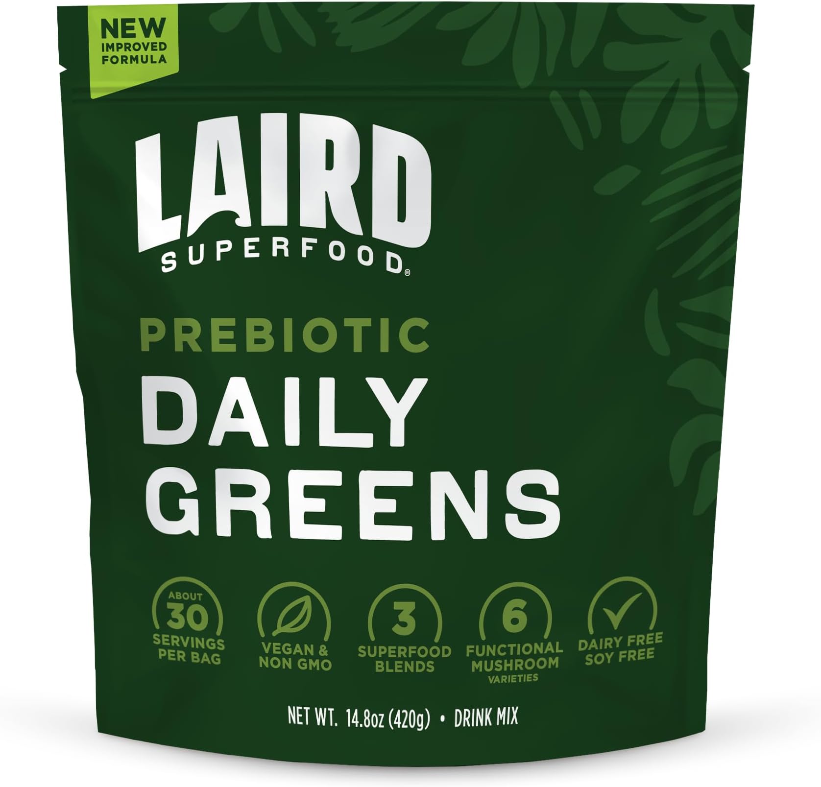 Laird Superfood Prebiotic Daily Greens Powder – Essential Vitamins & Minerals - Prebiotic Fiber, Adaptogen and Fruits & Vegetables – Supports Gut Health – Non-GMO, Vegan - 14.8 oz Bag, Pack of 1