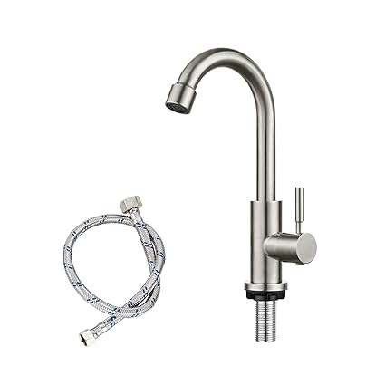 Cold Water Only Kitchen Faucet Brushed Nickel Single Handle 1 Hole 360 Degree Swivel Spout Deck Mount High Arc SUS304 Stainless Steel Sink Bar Tap Goose Neck with Hose(Drain Not Included)