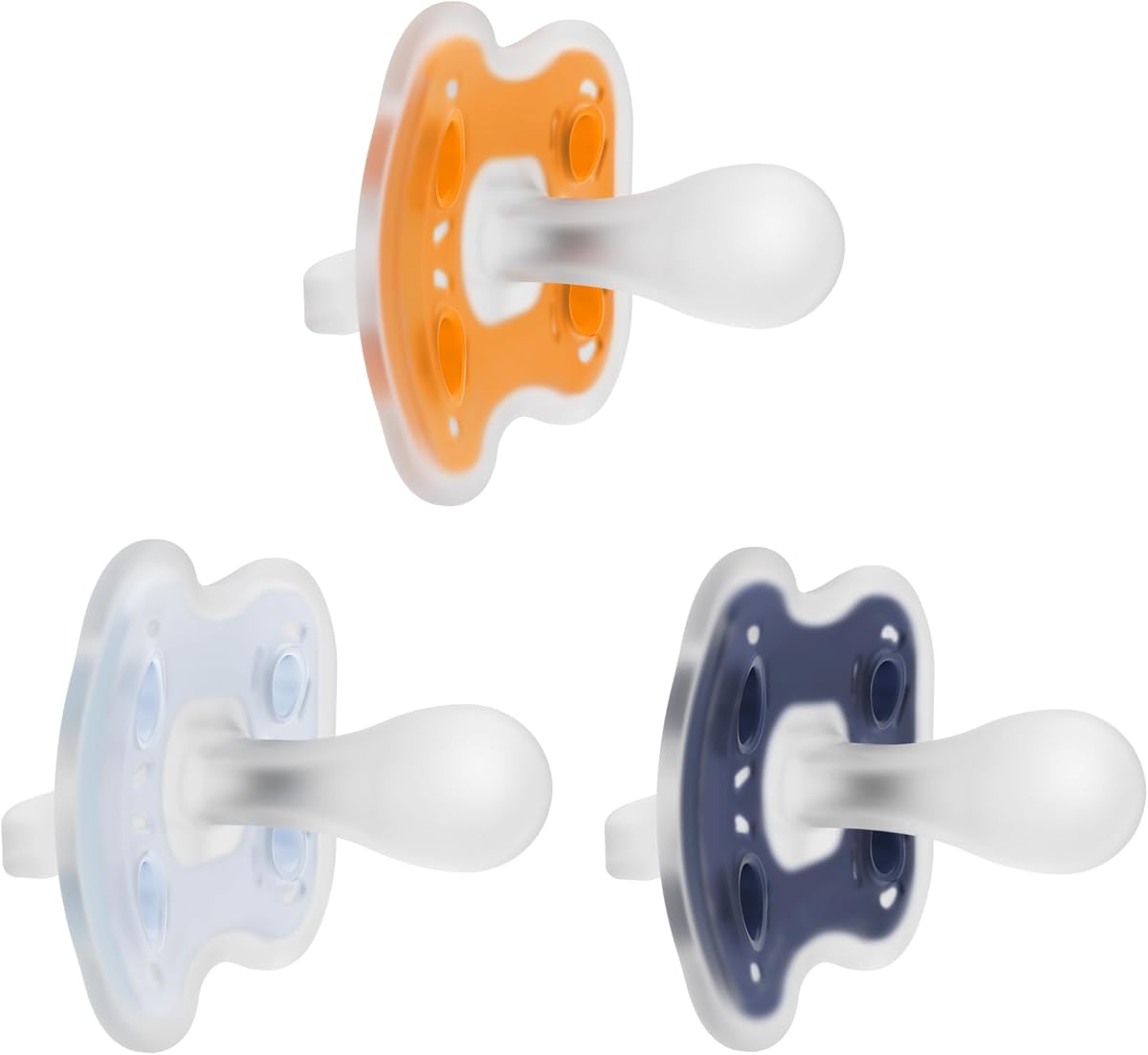 Advantage Chupete de silicona de una pieza para bebé, chupete totalmente simétrico, azul oscuro/azul claro/naranja, 6-18 m, sin BPA, paquete de 3
