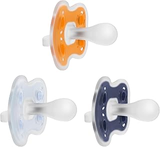 Dr. Brown's Advantage One-Piece Silicone Baby Pacifier, Fully Symmetrical Soother, Dark Blue/Light Blue/Orange, 6-18m, BPA Free, 3 Pack