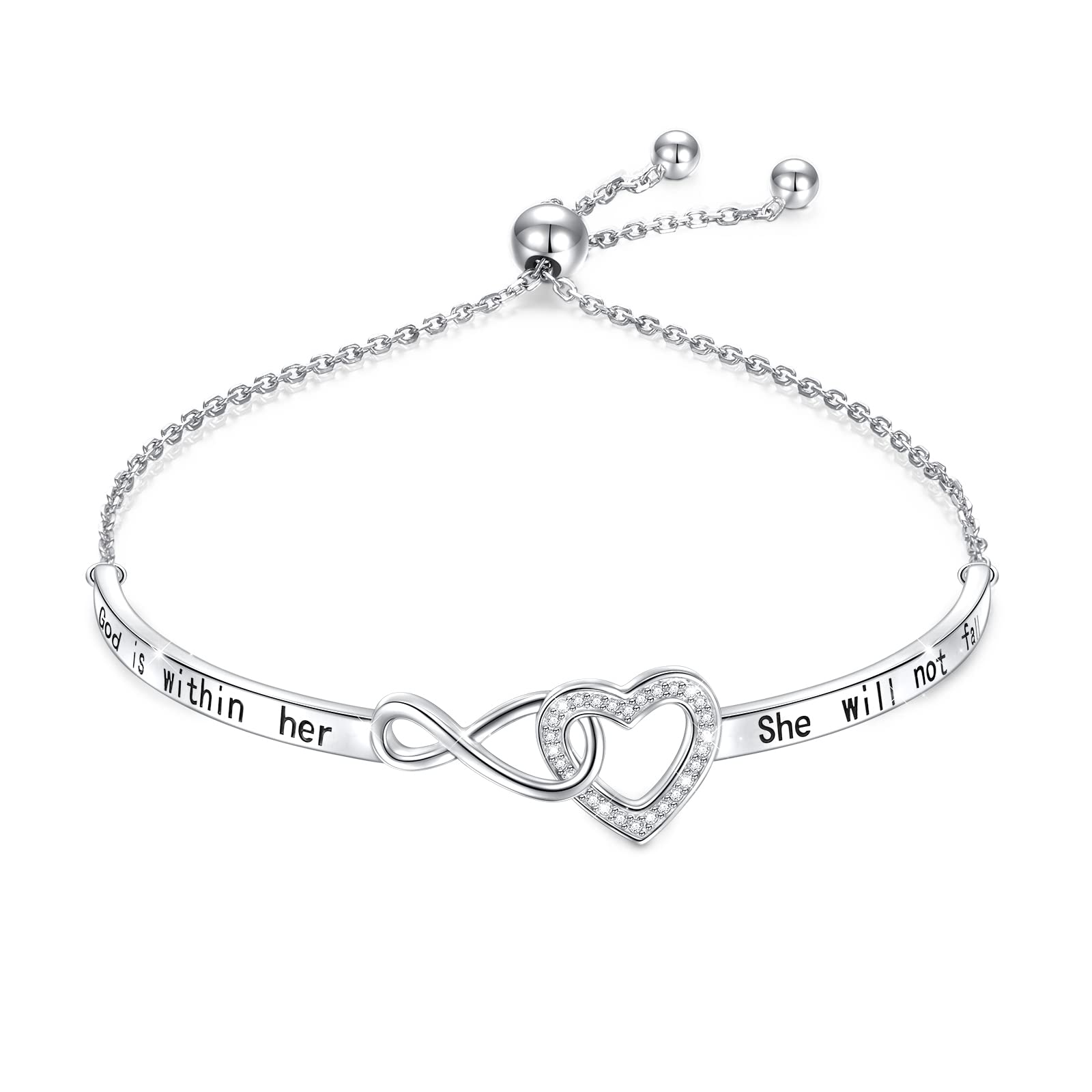 Pulsera de plata de ley 925 con diseño de infinito en forma de corazón para mujer, con texto en inglés "Gott ist in ella, ella no caerá", pulseras ajustables para hija, novia, esposa, San Valentín