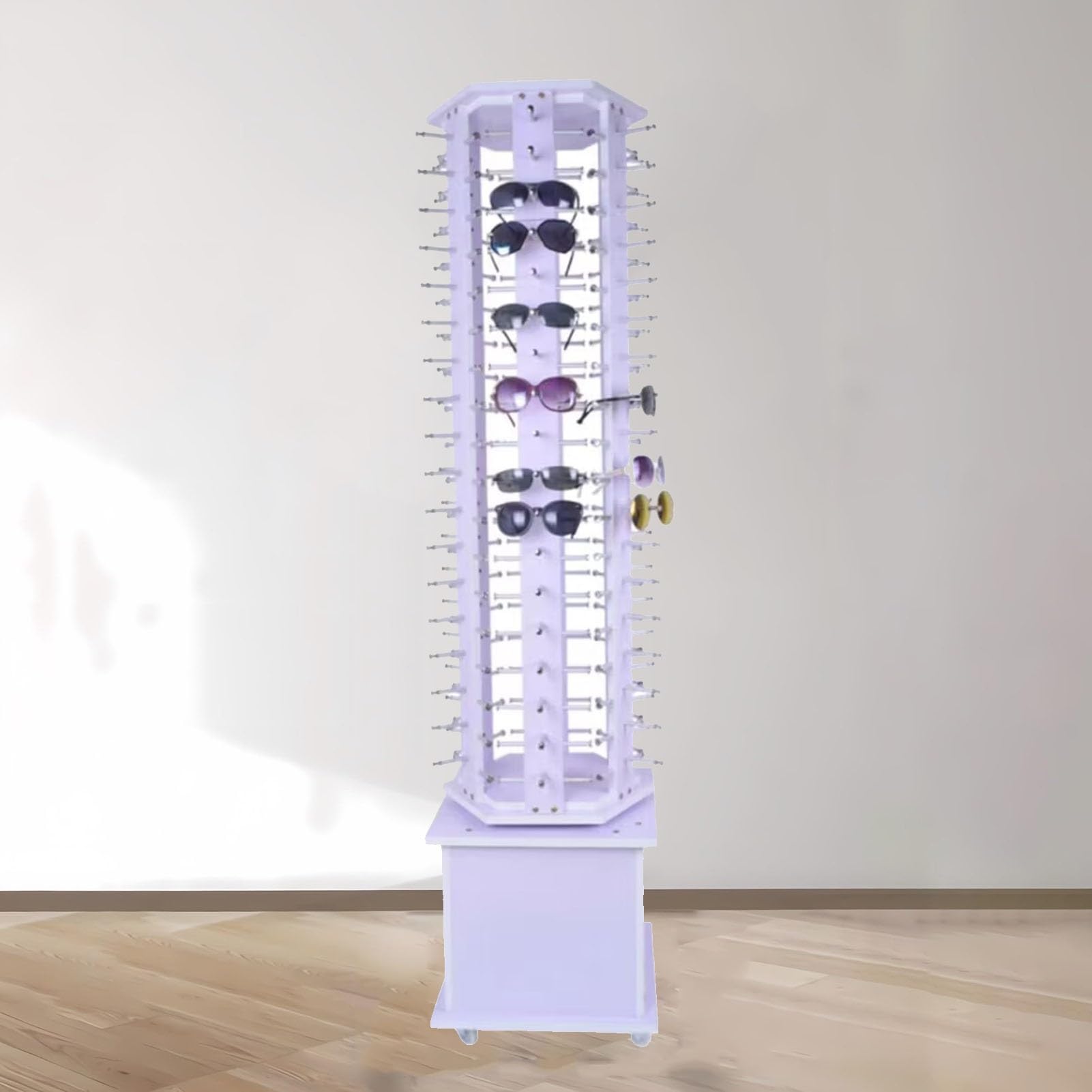 CAFIEDR Floor-Standing Rotating Glasses Storage Display Stand With Wheels, Wooden Reading Glasses Holder, 72/90/108 Pairs Modern Sunglasses Storage Organizer Commercial Eyewear Hangi.White-72 pairs