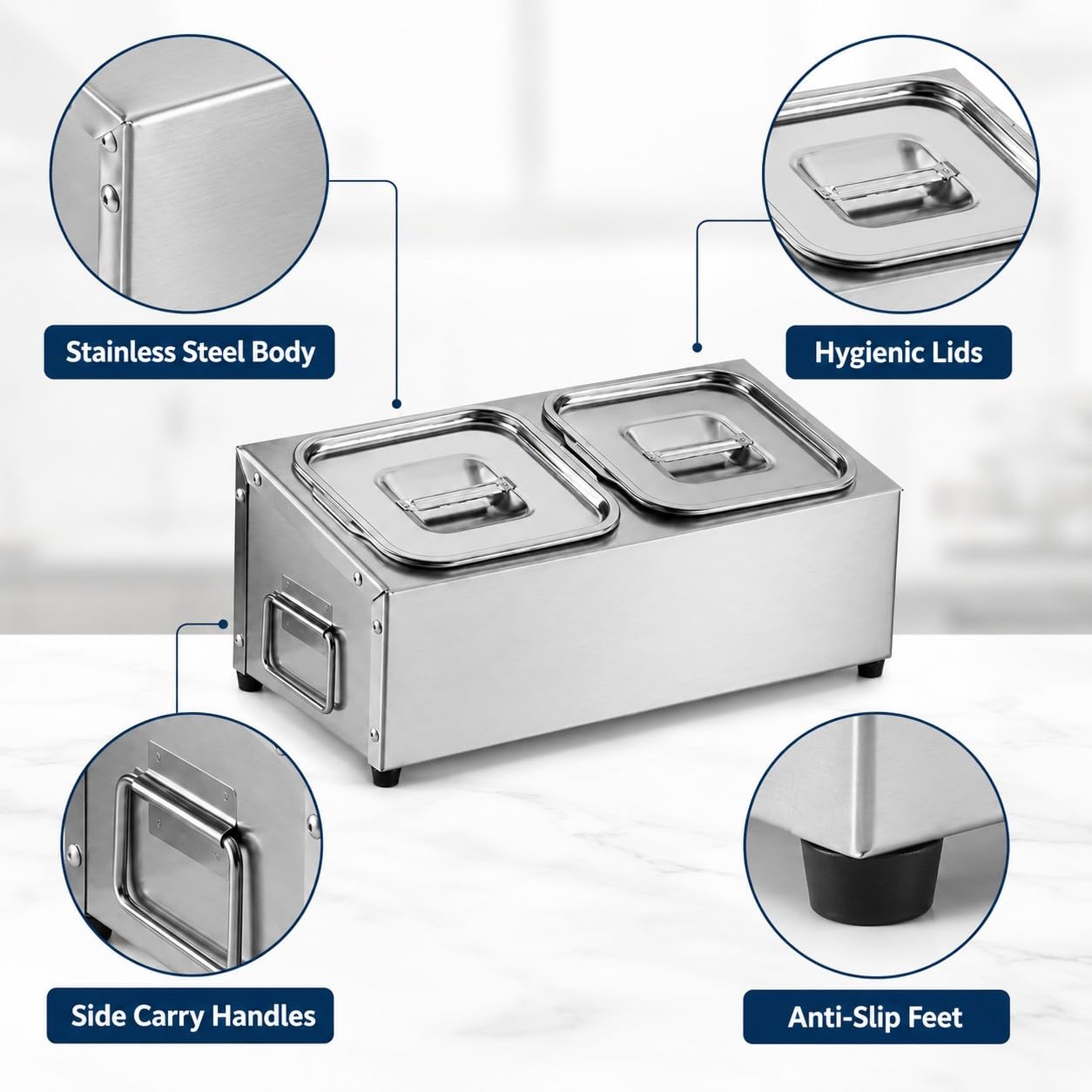 Contenitore per Ingredienti Pizza in Acciaio Inox con Coperchio – Porta Condimenti Refrigerato per Pizzeria, 2 Scomparti, Facile da Pulire