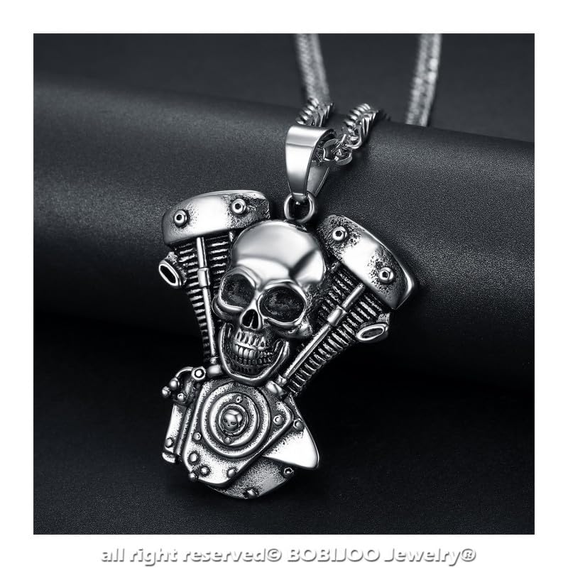 BOBIJOO JEWELRY - Duży łańcuszek na szyję z wisiorkiem - masywny motor, czaszka ze stali nierdzewnej 316L, srebrny łańcuszek