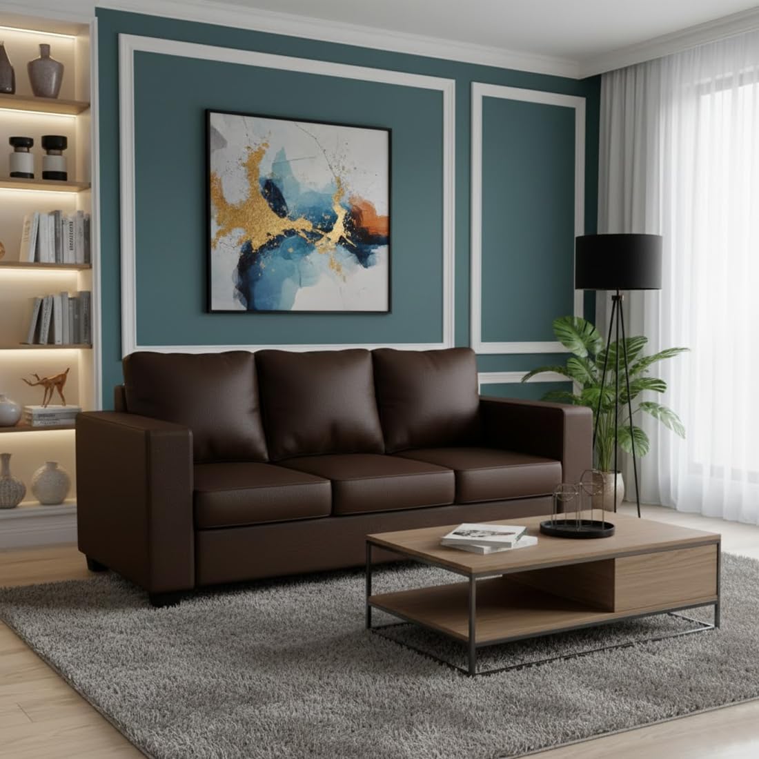 Furny Harrie 3 Seater Leatherette Sofa Set (Brown) | Soft Velvet Fabric | Modern Design | Comfortable Seating | Living Room Furniture-image-15
