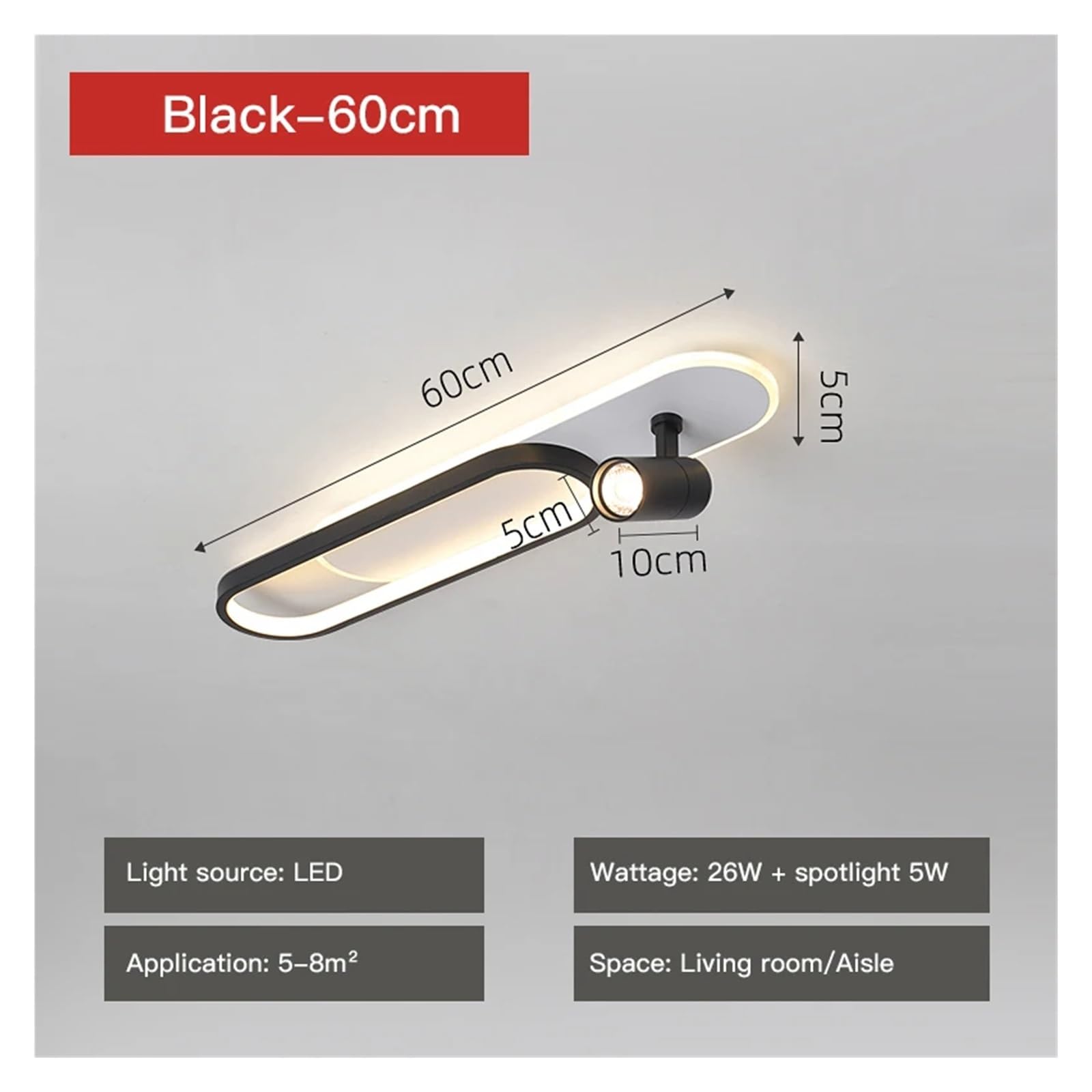 Nowoczesna lampa sufitowa LED kompatybilna z salonem, sypialnią, korytarzem, prosty pasek, dekoracja ganku, balkonu, reflektorów, żyrandol-czarny-60 cm