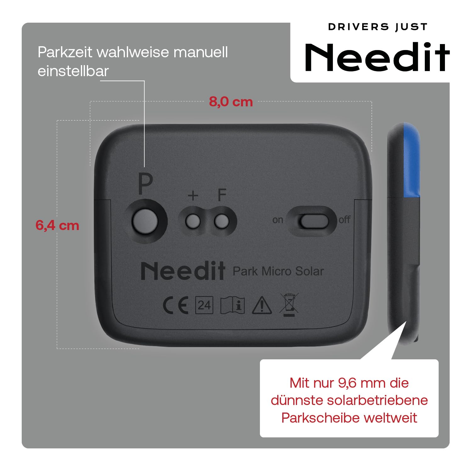 Needit Park Micro Solar elektronische Parkscheibe [NEUES Modell 2025] I unendlich Energie, Null Batteriewechsel | einzige Parkscheibe in Deutschland mit integriertem wiederaufladbarem Akku | blau