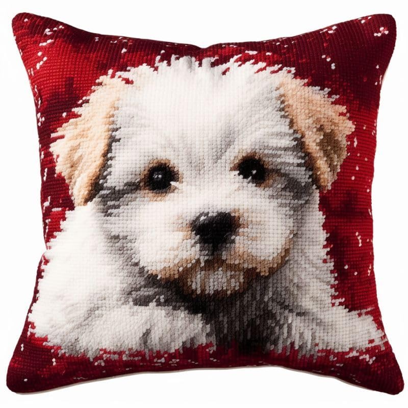 White Puppy Dog Latch Hook Pillow Kit Set Cushion Cover Latch Hook Kits Throw Pillowcase Craft Needlework Printed Pattern Canvas Cushion Carpet Hand Craft 17 x 17 Inch