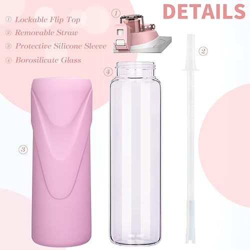 Miniatura 6 de Botella de agua deportiva de vidrio de 32 onzas con popote y funda de silicona, reutilizable, sin BPA, con tapa superior abatible y asa, boca ancha