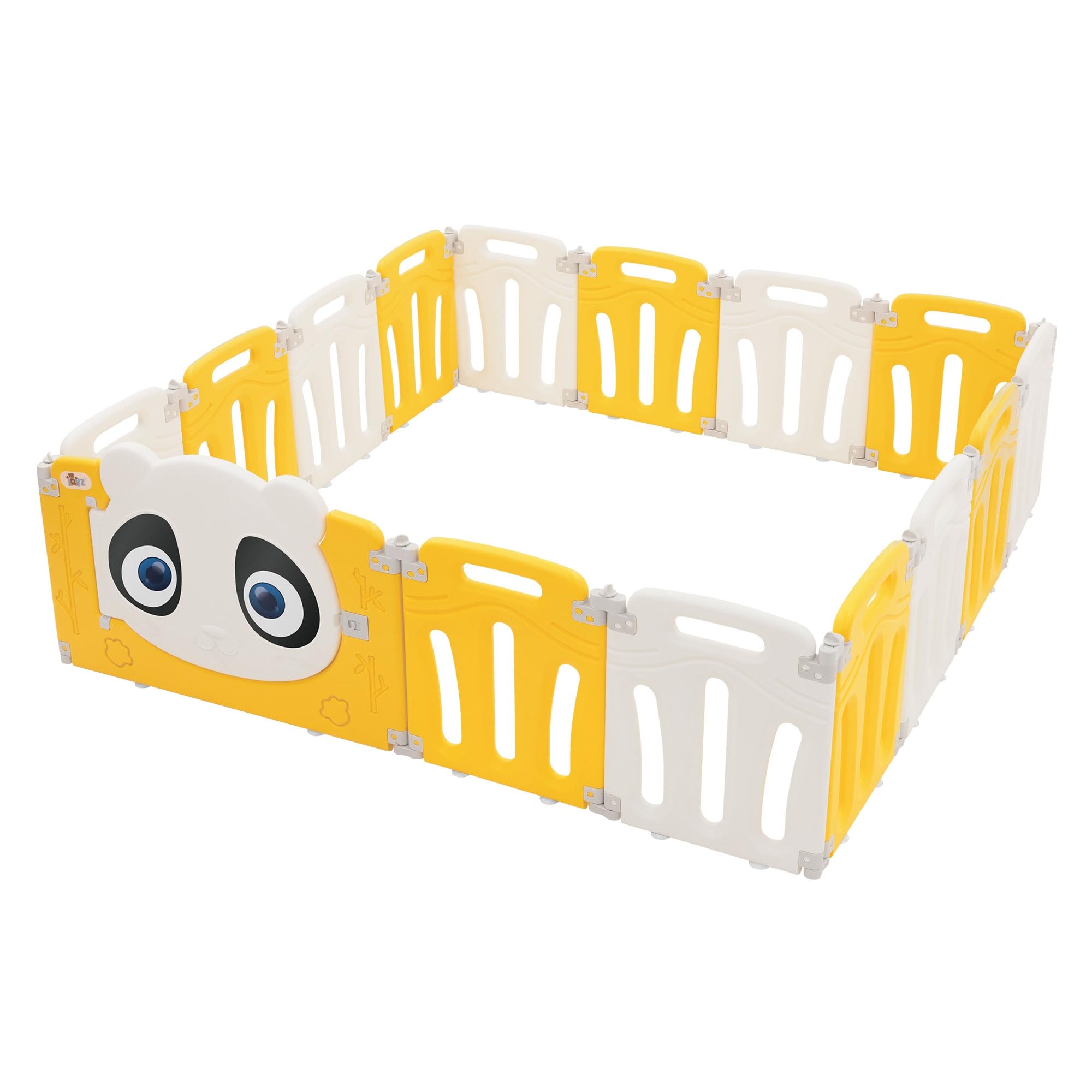 Joyz Laufstall Baby 160×160 cm, Laufgitter faltbar, Panda-Design, Weiß-Gelb, Absperrgitter mit Tür und Lernuhr, Playpen aus Kunststoff, Babyzaun, Kinderlaufstall Innen/Außen, Krabbelgitter für Kinder