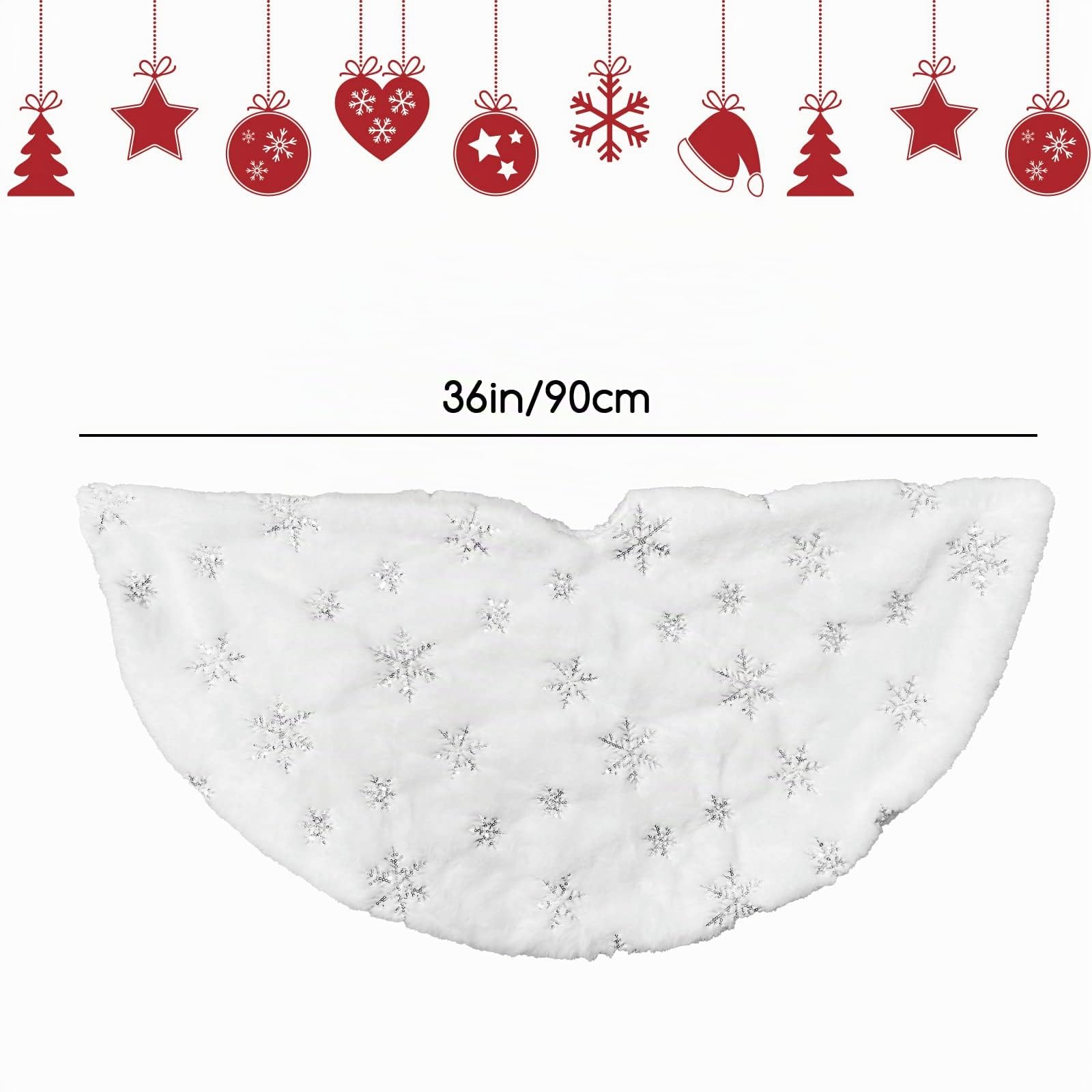 Jupe de Sapin de Noël 90cm, Blanc Peluche Double Couche avec Flocon Argenté, Décoration Noël