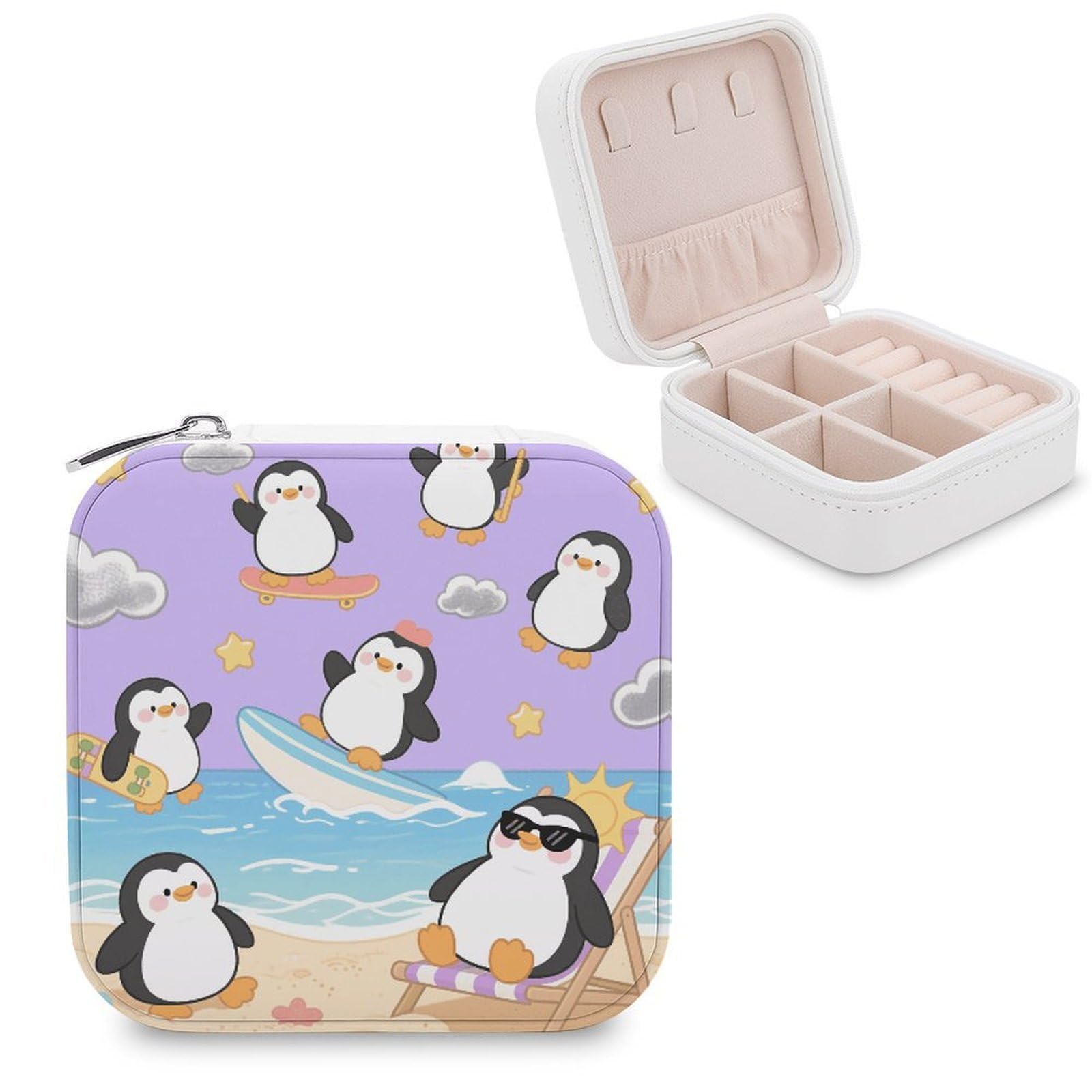 VstaDank Cute Penguin Jewelry Box for Women Jewelry Organizer Storage Case with Zipper Mini Travel Jewelry Case Cute Trinket Organizer Leather Portable Jewelry Storage Box
