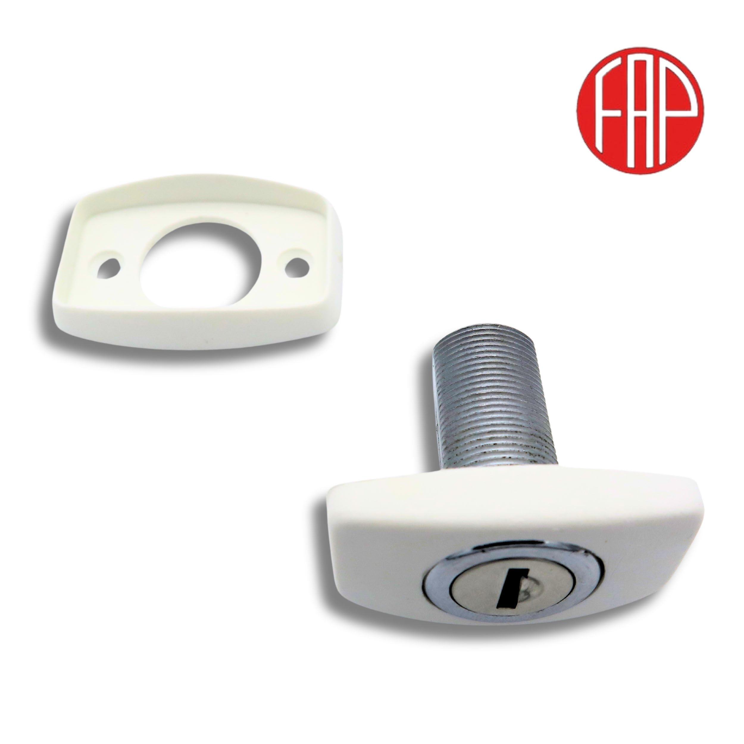 Generico Serratura per Camper e Roulotte FAP - Ideale per Gavone e Sportello Gas - 38x56 mm - Bianco con Cilindro FAP New System e 2 Chiavi Incluse - Ricambio per Caravan e Accessori Camper