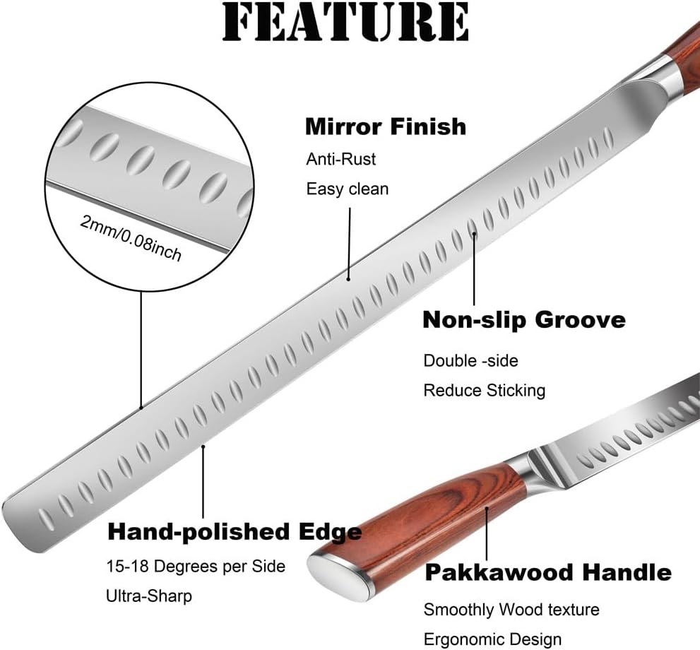 Slicing Carving Knife 12 inch Brisket Knife Outdoor Meat Cleaver Kitchen Knife Chef Knives Multipurpose Grilling Camping Cooking Knife BBQ Tool