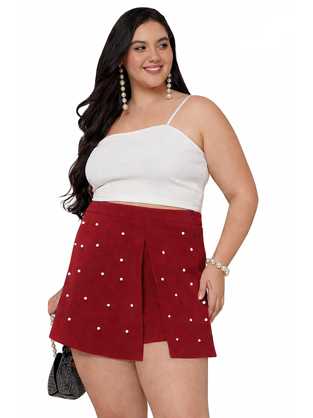 wild u Women Plus Size Skort | Pearl Embellished | Stretchable | Curvy Woman | Stylish Clubwear (Red, 38"-48",3XL-8XL)-picture-36