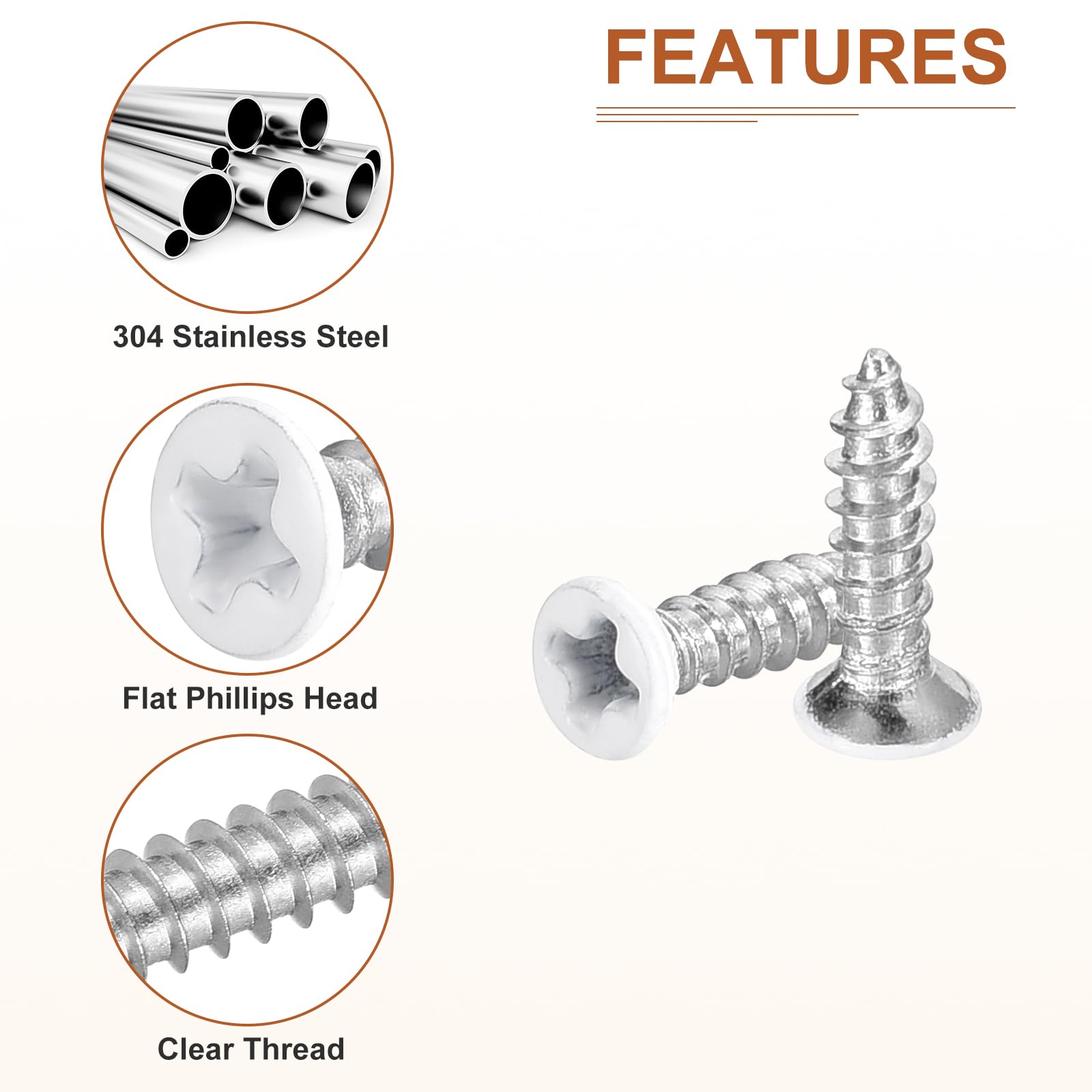 DTGN 100Pcs ST2x8mm Flat Head Wood Screws, 304 Stainless Steel White Phillips Self Tapping Screws - Image 4
