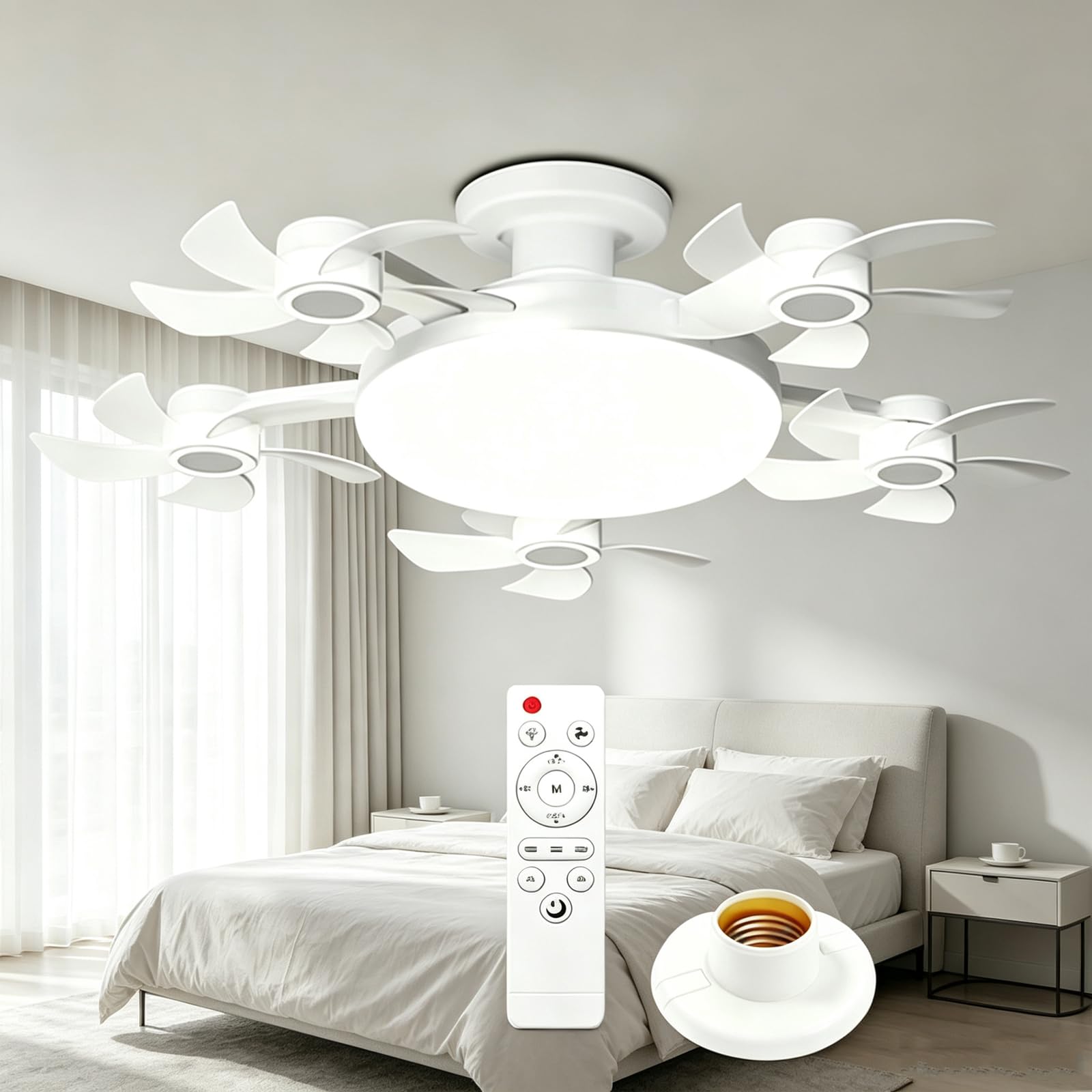 ANBTUKJ Ceiling Fan Light with Remote E27 Socket Fan Lamp, 5-Head 80W 3 Speeds Dimmable Quiet Timer, for Bedroom Closet Garage