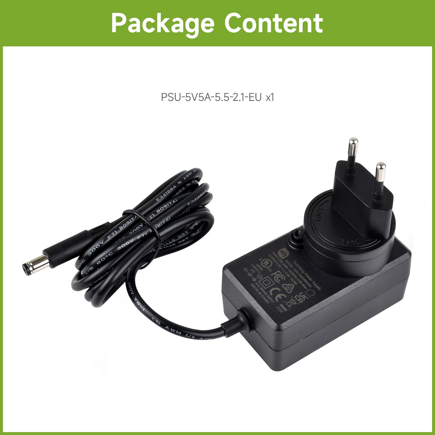 Waveshare Power Supply, Power Adapter, 5V / 5A, DC Jack Output, OD 5.5mm, ID 2.1mm, EU Plug