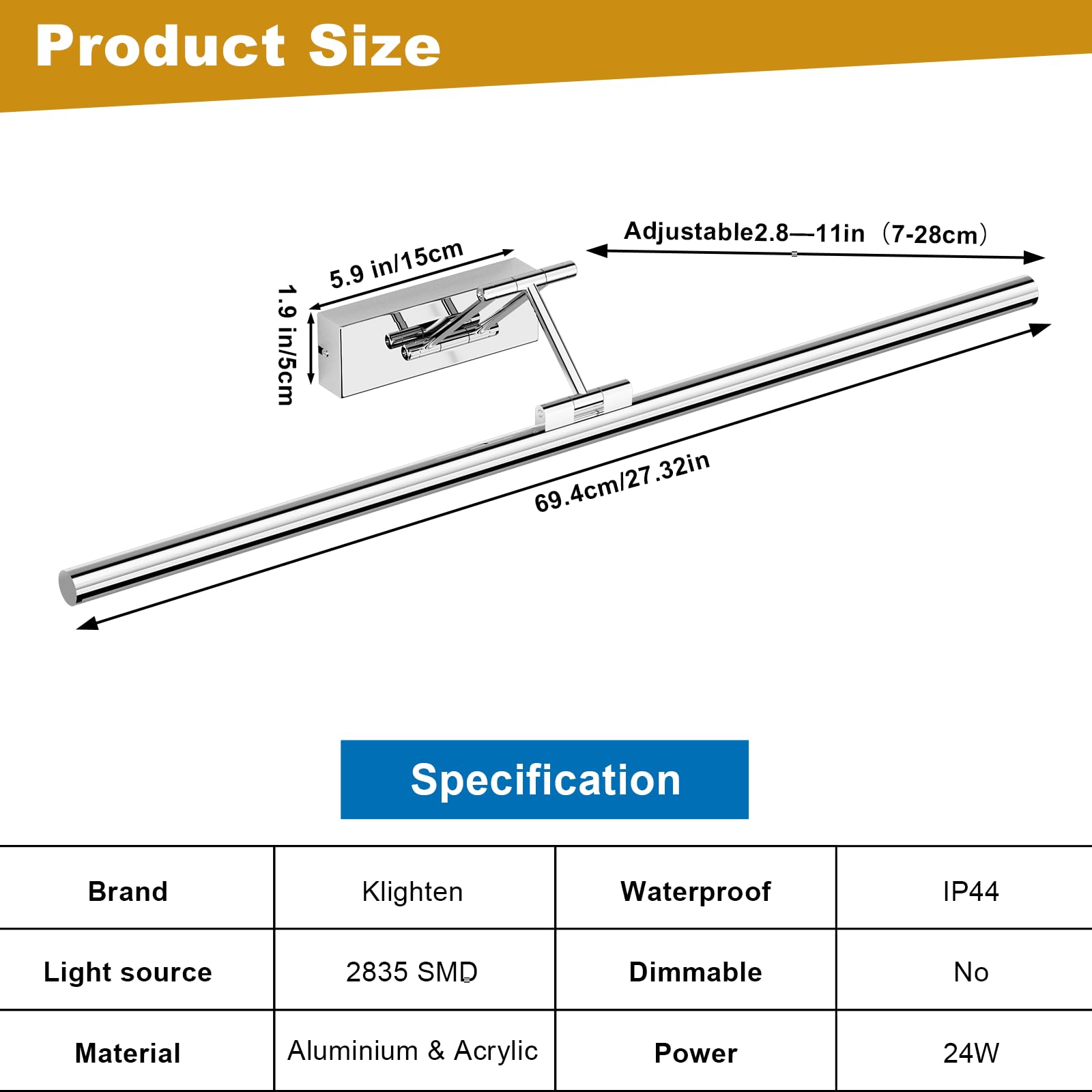 Klighten Lampa lustrzana LED łazienkowa 70 cm, obrotowe lampy lustrzane do łazienki IP44, oświetlenie lustra łazienkowego 24 W 1650 lm, oświetlenie lustra łazienkowego LED