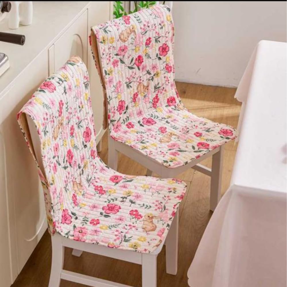 HOMETHREADS Floral Quilted Cotton Chair Cover – Soft, Comfortable Dining Chair Seat Protector with Non-Slip Backing & Strong Elastic Strap for Snug Fit(Cream_Pink, Pack of 2)-image-3