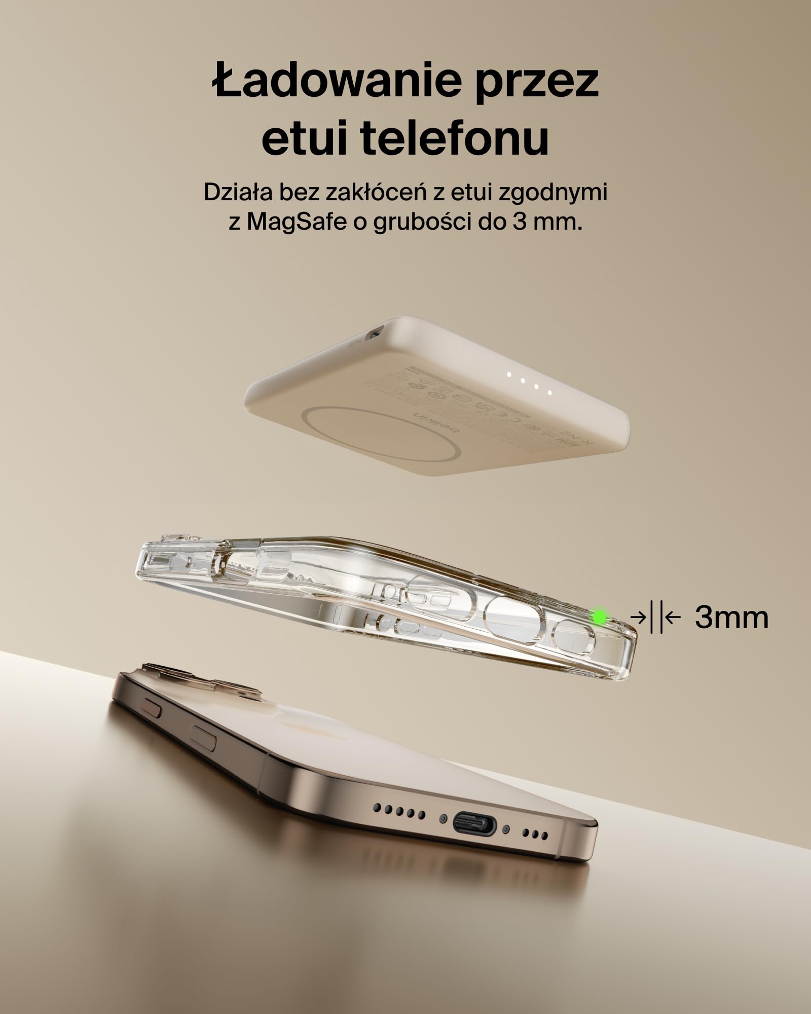 Belkin BoostCharge Magnetyczny Powerbank 5000 mAh z Pierścieniem – Piaskowy | Powerbank Bezprzewodowy 5000 mAh, Pierścień Magnetyczny do Akcesoriów, Port USB-C, Wstępnie Naładowany, Kabel w Zestawie